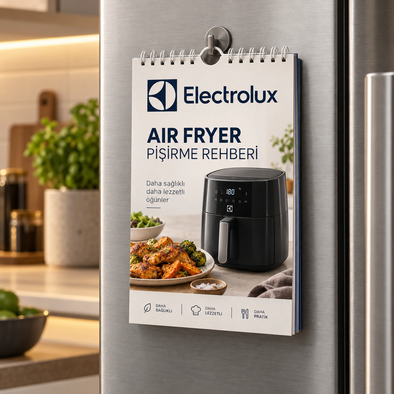 ELECTROLUX logolu LFR-11 air fryer pişirme rehberi; buzdolabına magnetle tutturulabilir ve askı bölümünden asılabilir