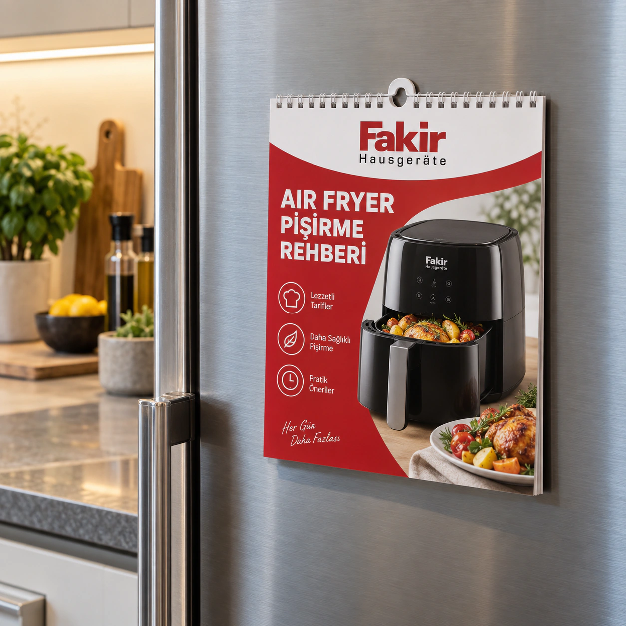FAKİR logolu LFR-12 air fryer pişirme rehberi; buzdolabına magnetle tutturulabilir ve askı bölümünden asılabilir