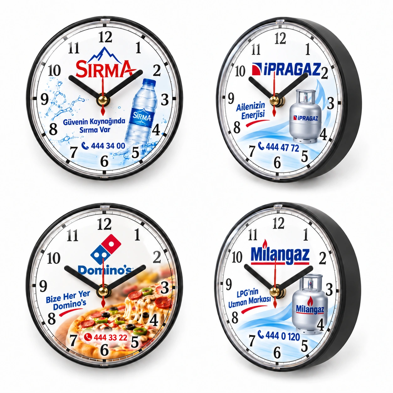 Sırma, İpragaz, Domino's ve Milangaz baskılı magnet saat örnekleri