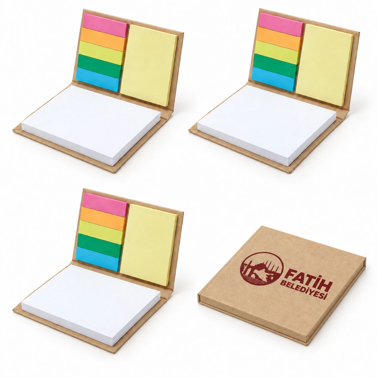 MUNL-09 kraft postitli masa üstü notluk; üç açık ve Fatih Belediyesi logolu bir kapalı görünüm