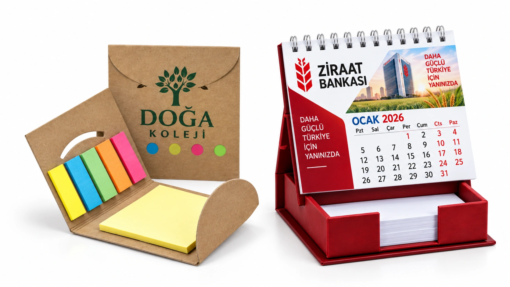 Doğa Koleji baskılı kraft post-itli notluk ve Ziraat Bankası baskılı takvimli masa üstü notluk
