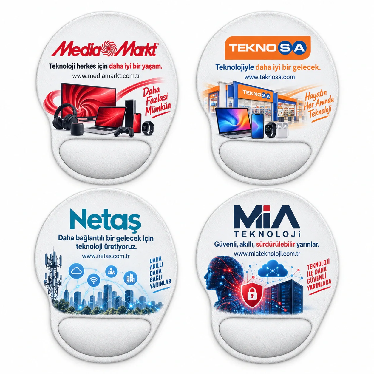 MediaMarkt, Teknosa, Netaş ve Mia Teknoloji baskılı dört bilek destekli mousepad örneği