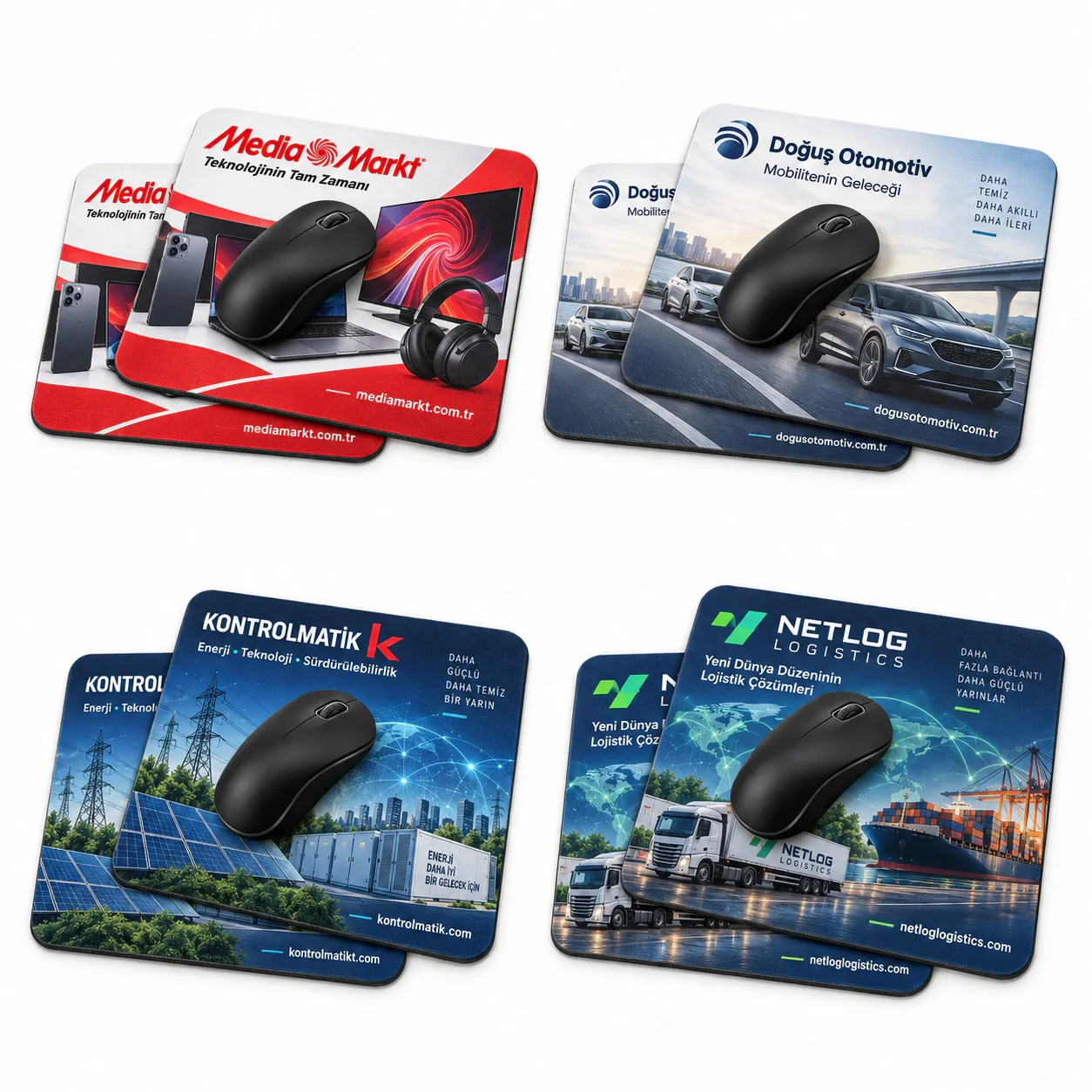 MediaMarkt Doğuş Otomotiv Kontrolmatik ve Netlog Logistics baskılı mousepad örnekleri