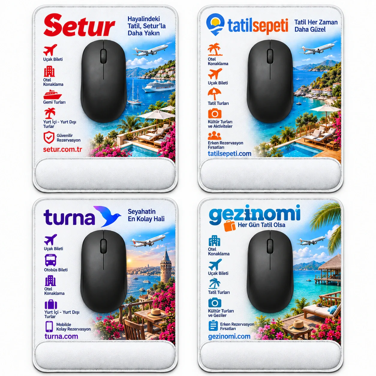 Setur, Tatilsepeti, Turna ve Gezinomi baskılı dört dikdörtgen bilek destekli mousepad örneği