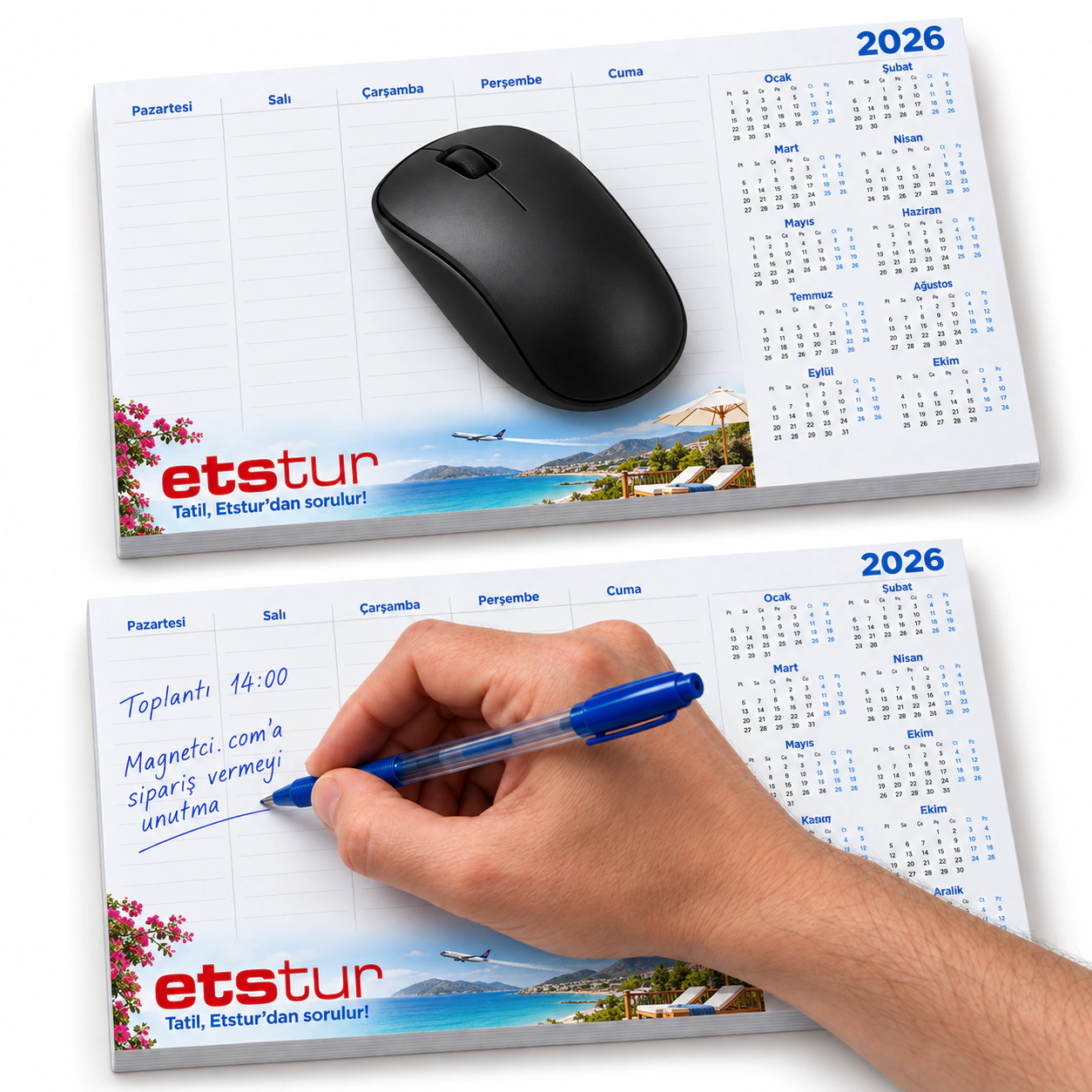 Etstur baskılı 50 yaprak kâğıt mousepad bloknot; fareli kullanım ve gerçek elle yazma örneği