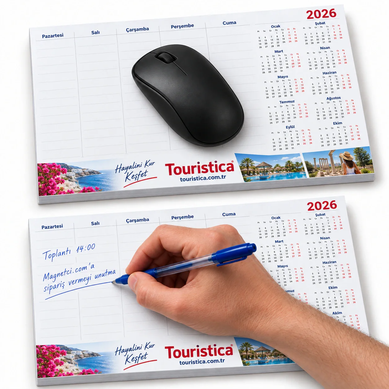 Touristica baskılı 50 yaprak kâğıt mousepad bloknot; fareli kullanım ve gerçek elle yazma örneği