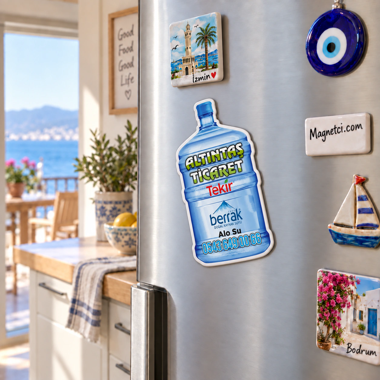 OKM-02 deniz manzaralı buzdolabı özel kesim magnet kullanım görseli