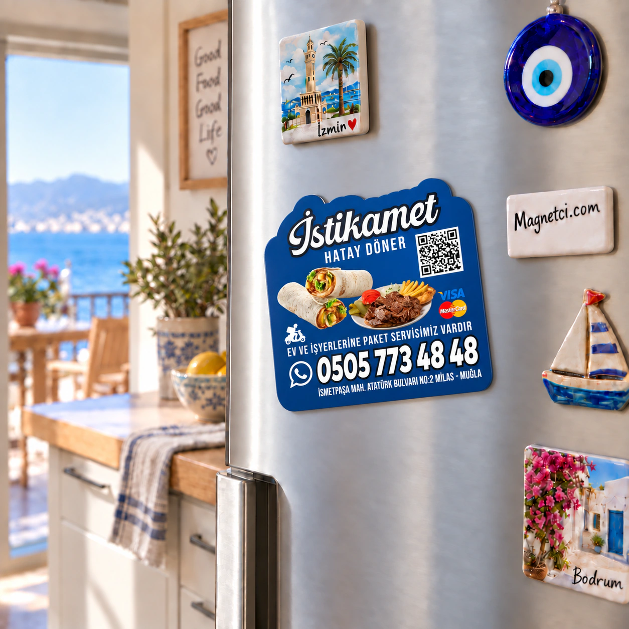 OKM-05 deniz manzaralı buzdolabı özel kesim magnet kullanım görseli