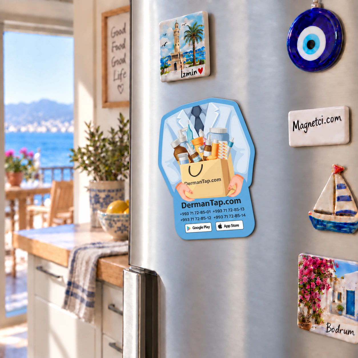 OKM-06 deniz manzaralı buzdolabı özel kesim magnet kullanım görseli