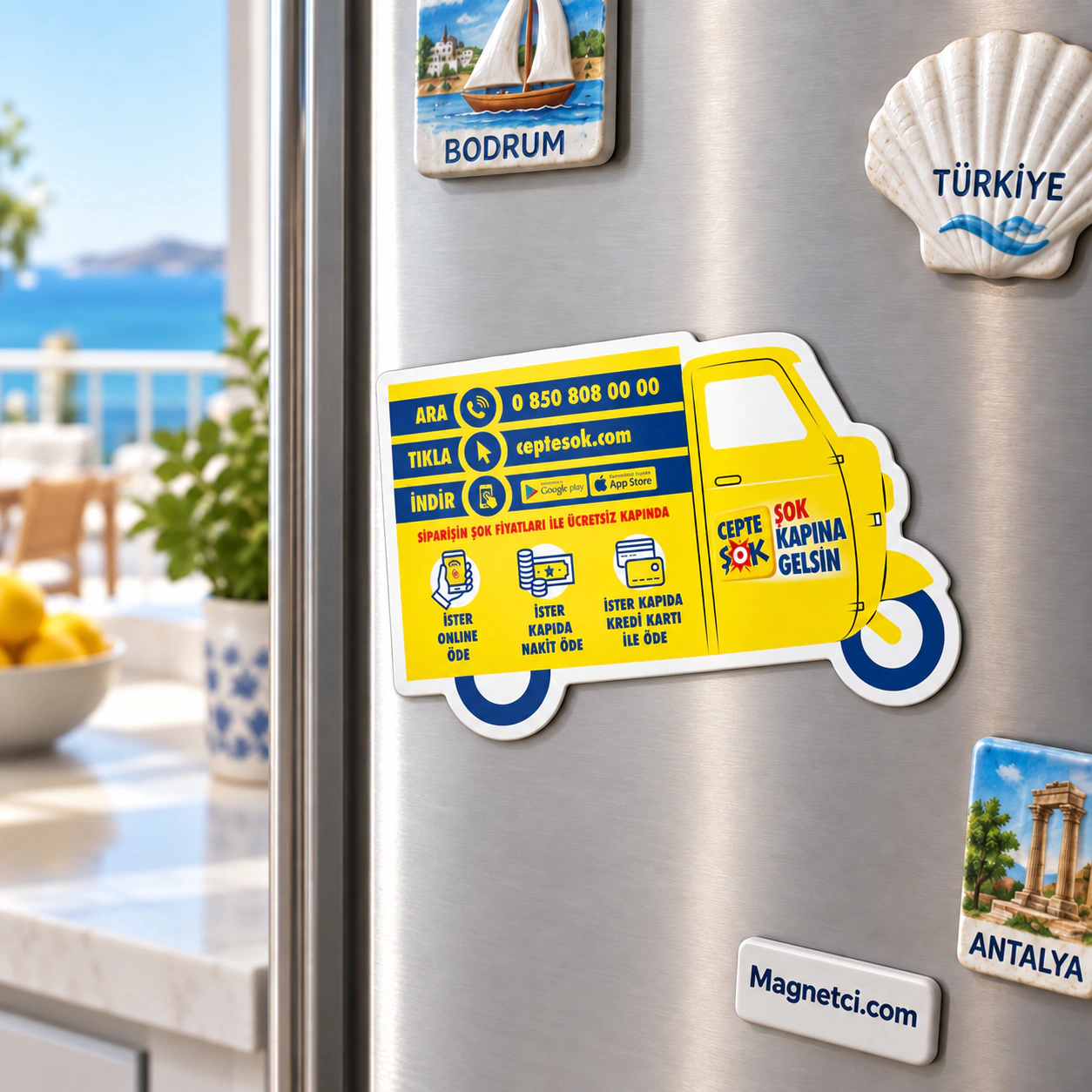 OKM-08 deniz manzaralı buzdolabı özel kesim magnet kullanım görseli