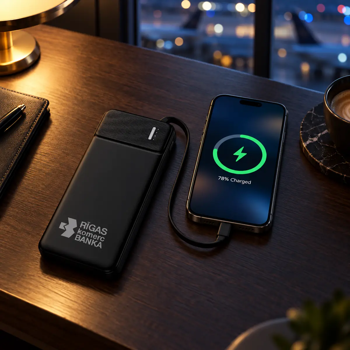 Loş ortamda mat Rigas baskılı, üst kablosu ters çevrilmiş telefonun alt girişine bağlanan 1104 powerbank