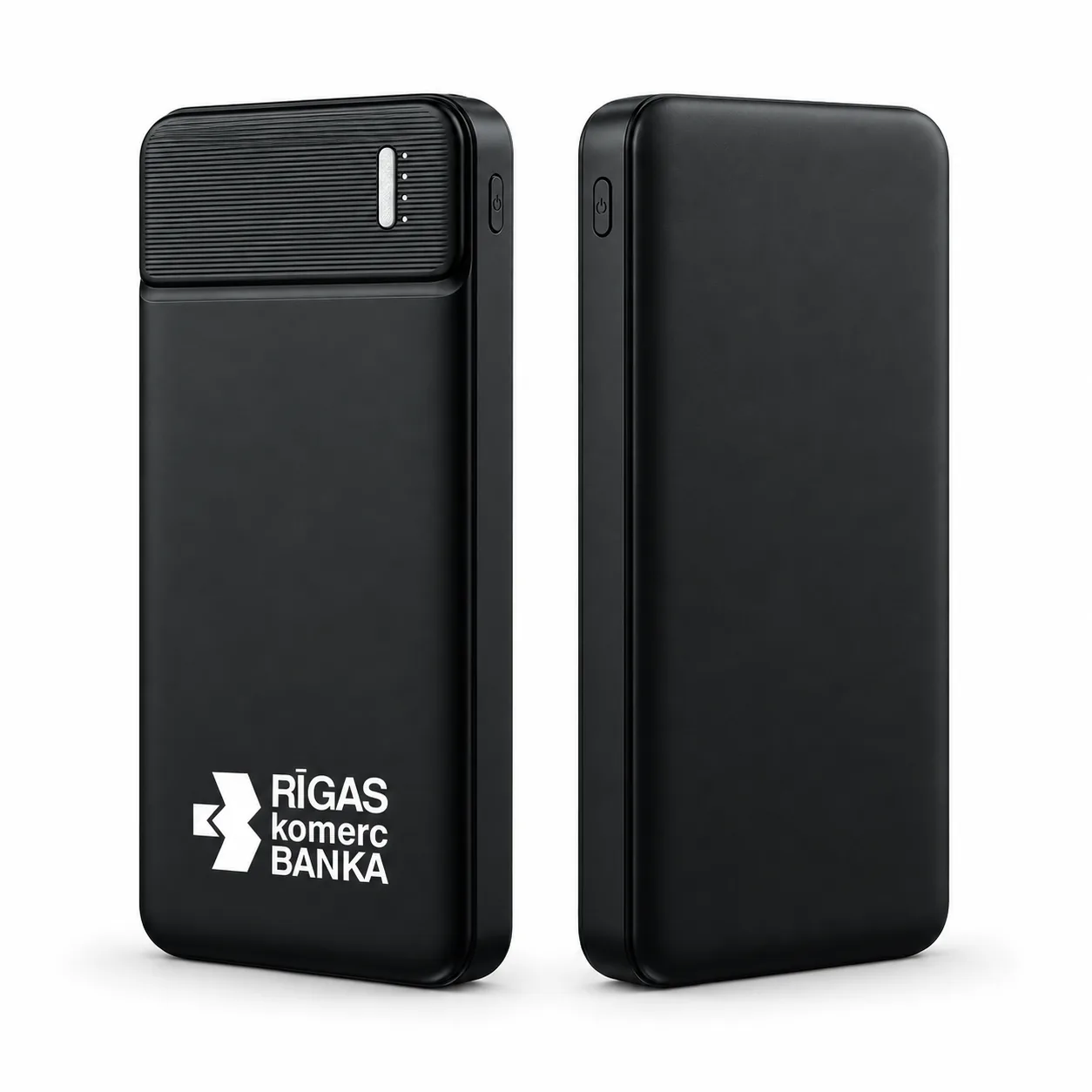 1104 kodlu siyah 10.000 mAh Powerbank ön ve arka görünümü, beyaz UV baskılı