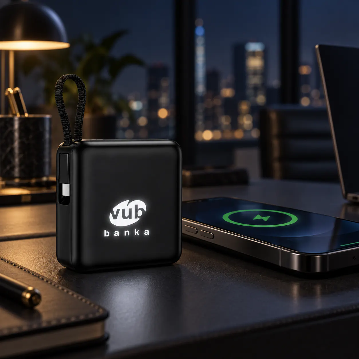 Loş ortamda beyaz LED ışıklı lazer logosu yanan 3104 powerbank