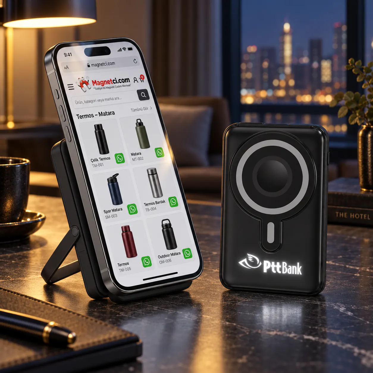 Loş ortamda beyaz LED ışıklı PttBank lazer logosu yanan 4104 powerbank