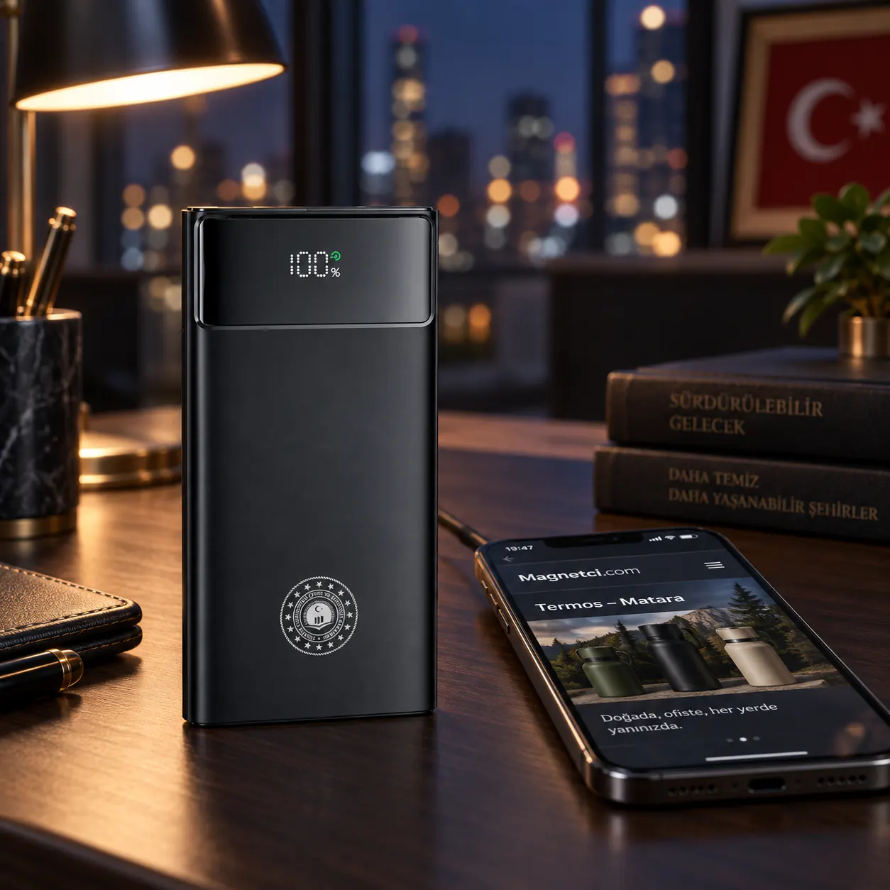 Loş çalışma ortamında küçük beyaz UV logolu ve kabloları arka yüzde bulunan 5104 powerbank