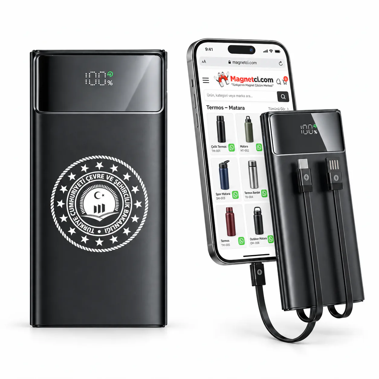 5104 kodlu siyah 10.000 mAh Powerbank, beyaz UV baskı ve Termos Matara ürünleri açık Magnetci.com telefon ekranı