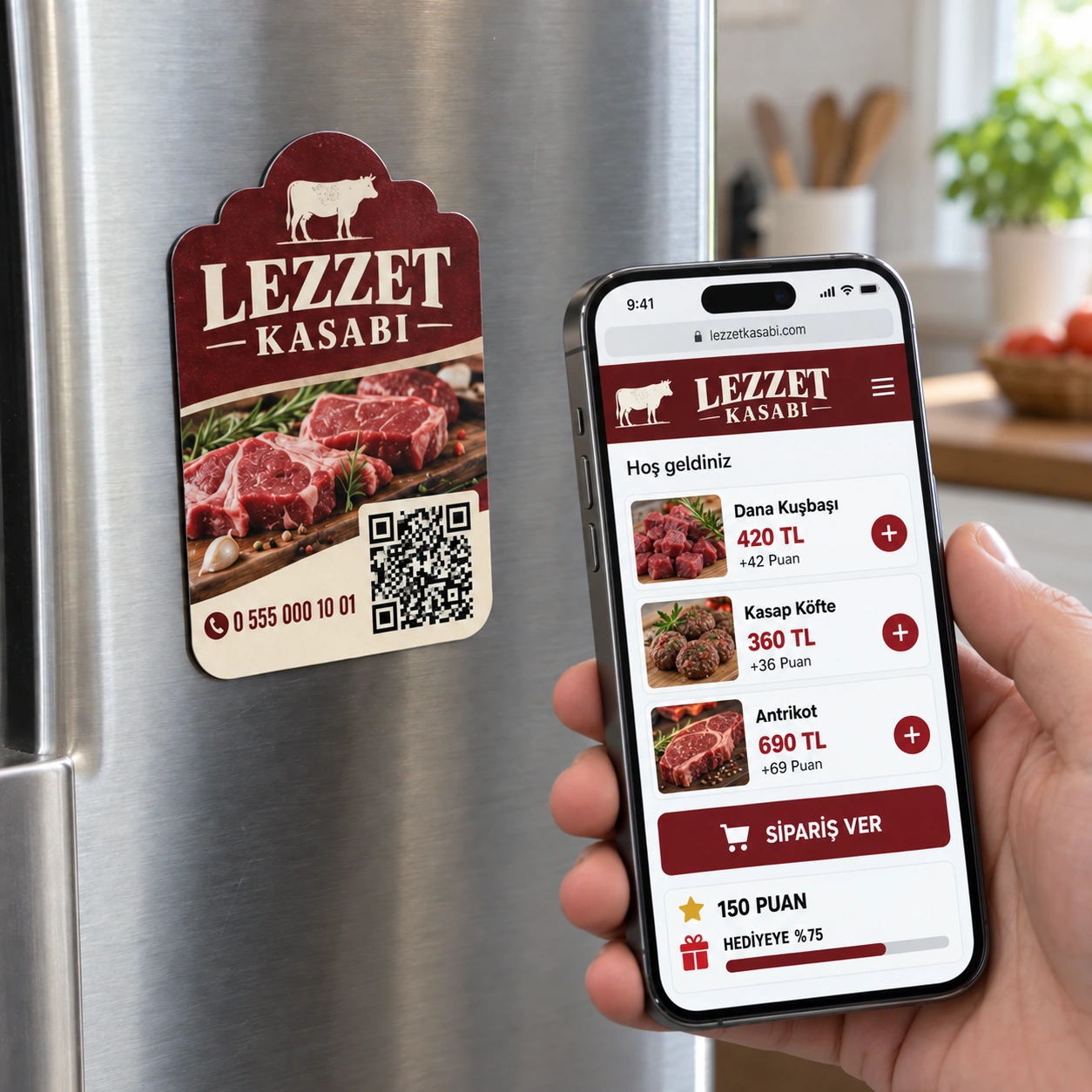 Lezzet Kasabı QR kodlu sadakat magneti ve iPhone sipariş menüsü