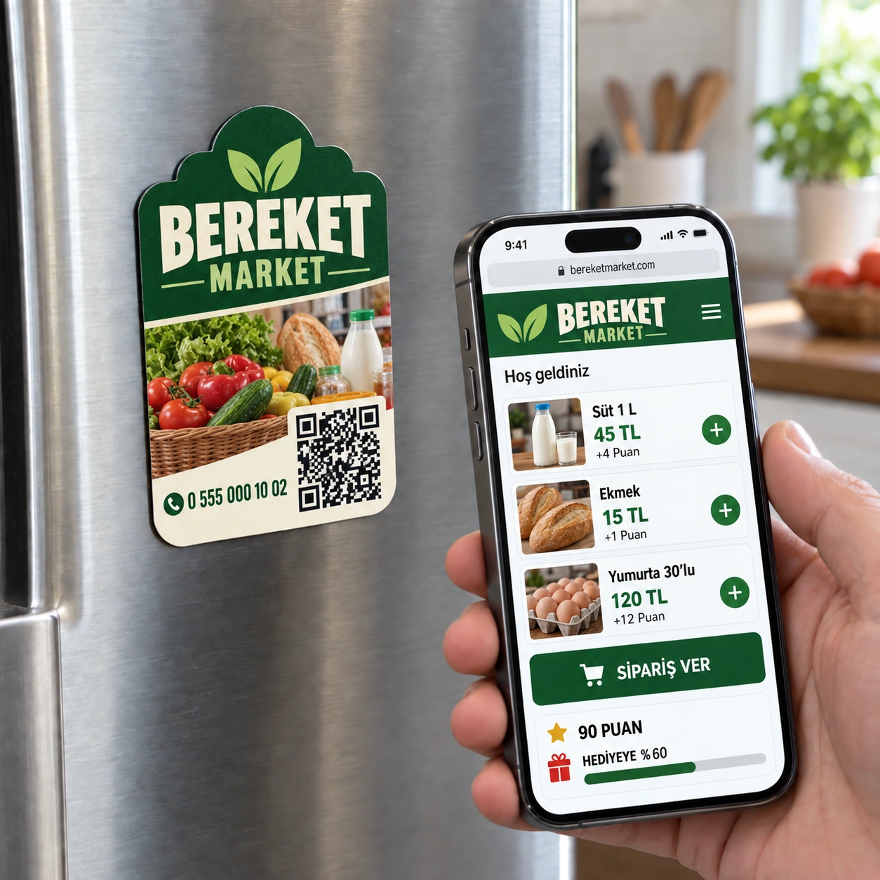 Bereket Market QR kodlu sadakat magneti ve iPhone sipariş menüsü