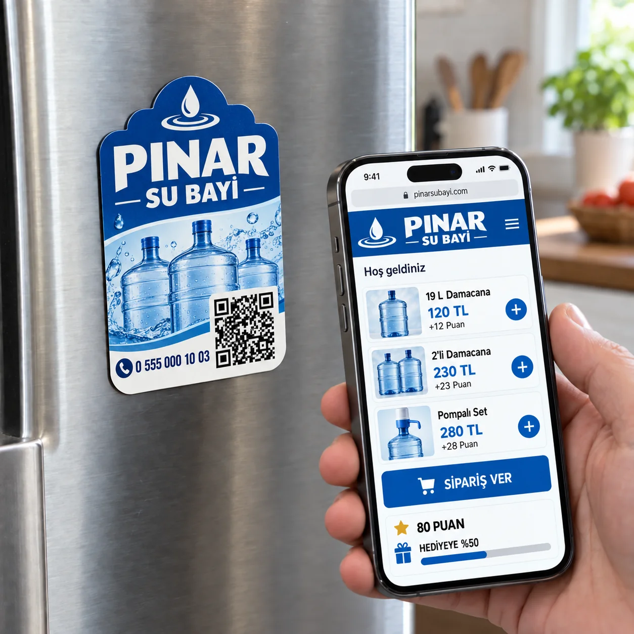 Pınar Su Bayi QR kodlu sadakat magneti ve iPhone sipariş menüsü