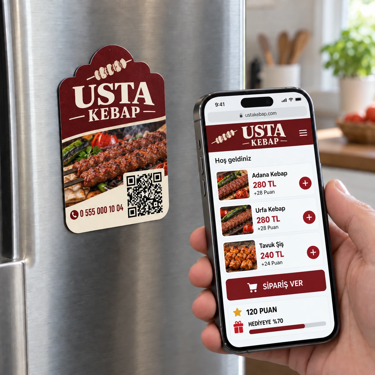 Usta Kebap QR kodlu sadakat magneti ve iPhone sipariş menüsü