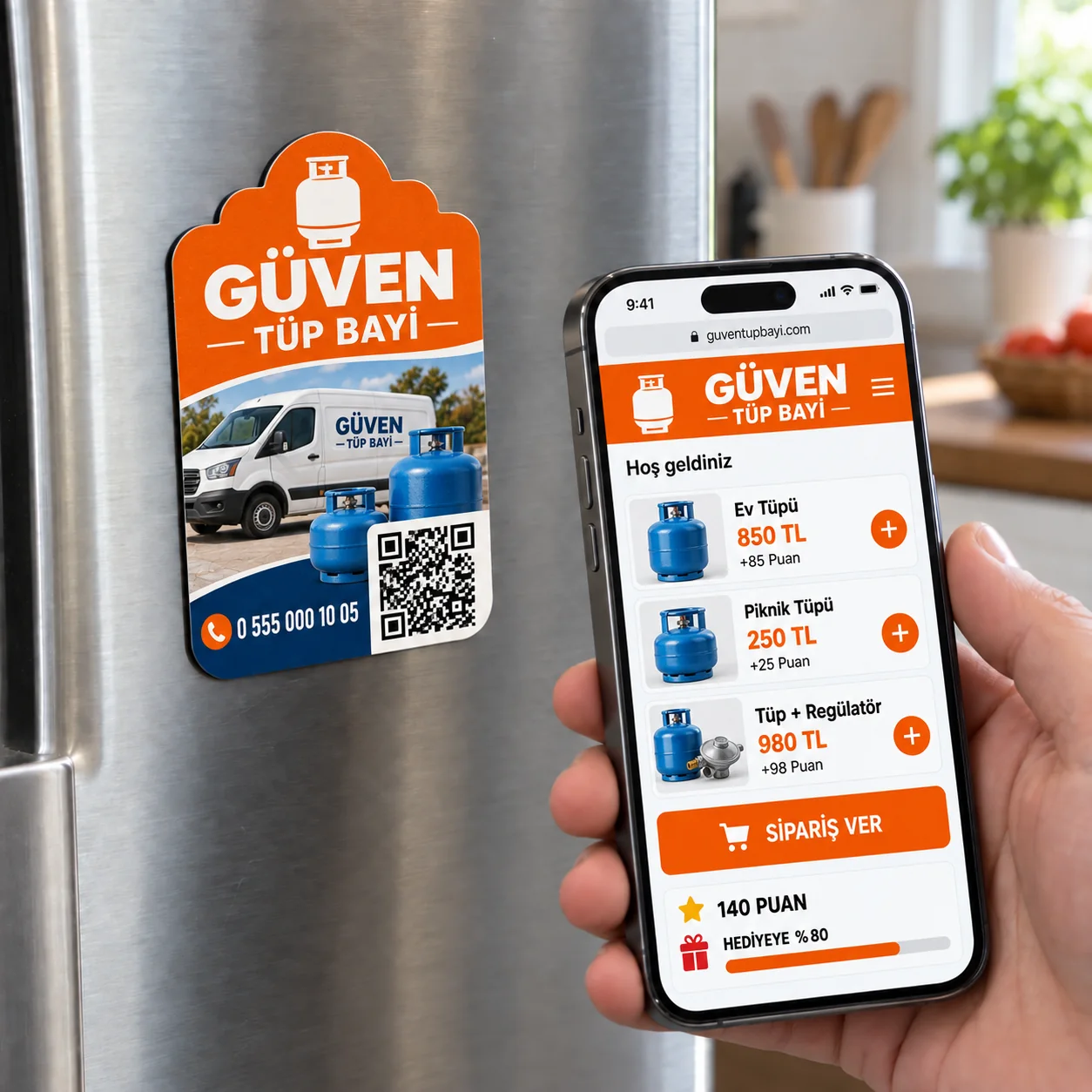 Güven Tüp Bayi QR kodlu sadakat magneti ve iPhone sipariş menüsü