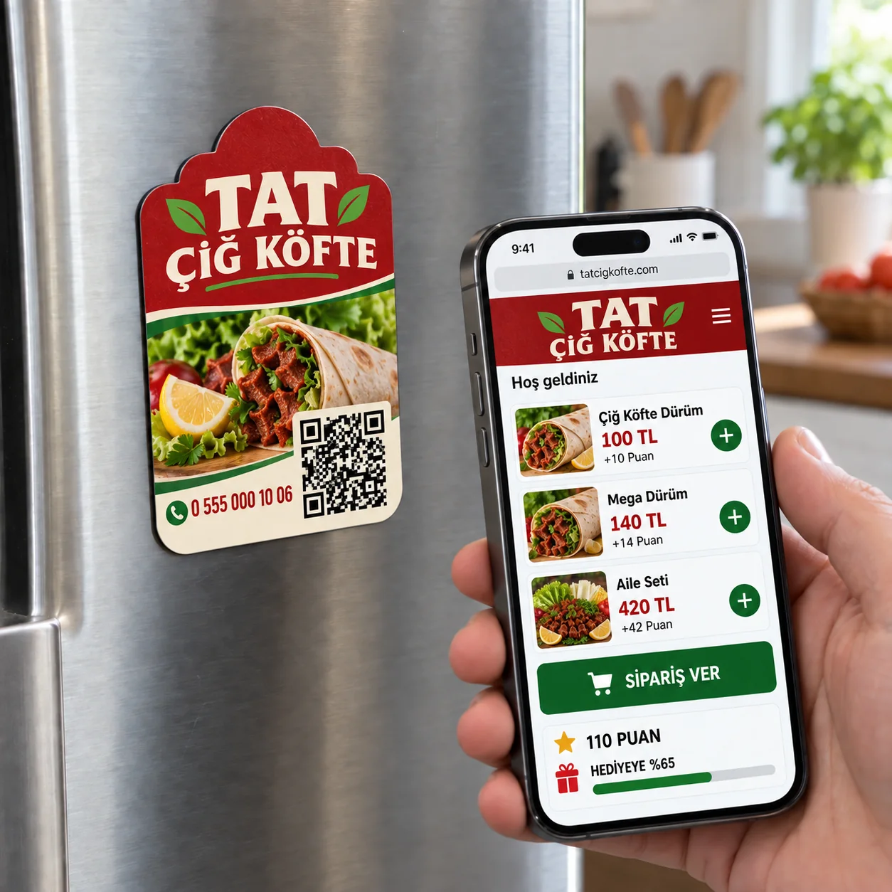 Tat Çiğ Köfte QR kodlu sadakat magneti ve iPhone sipariş menüsü