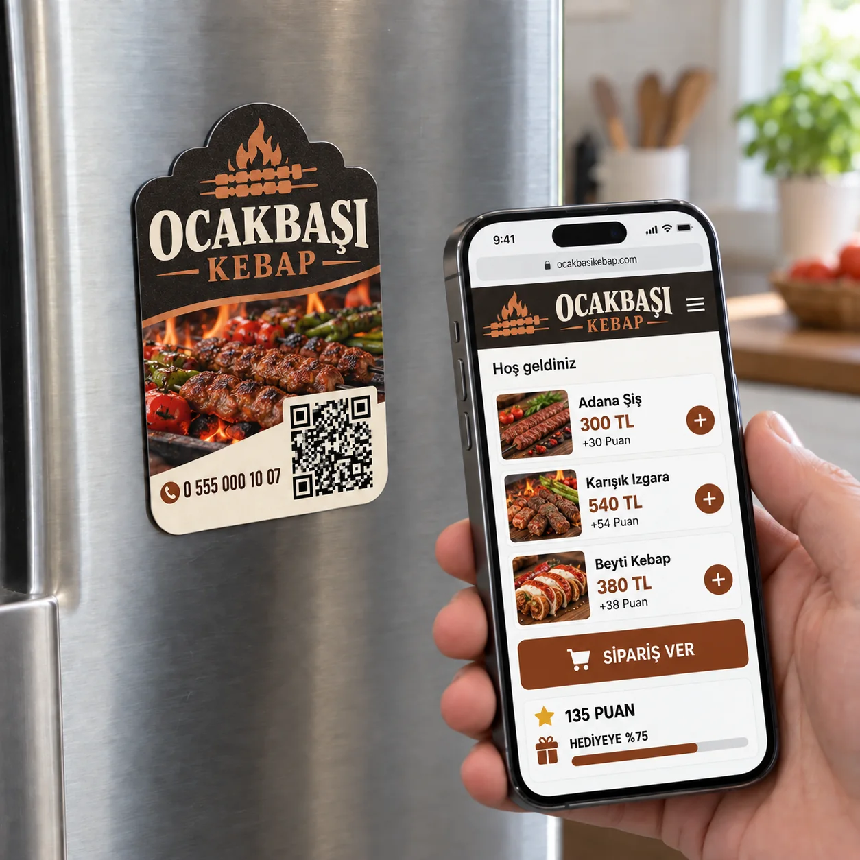 Ocakbaşı Kebap QR kodlu sadakat magneti ve iPhone sipariş menüsü