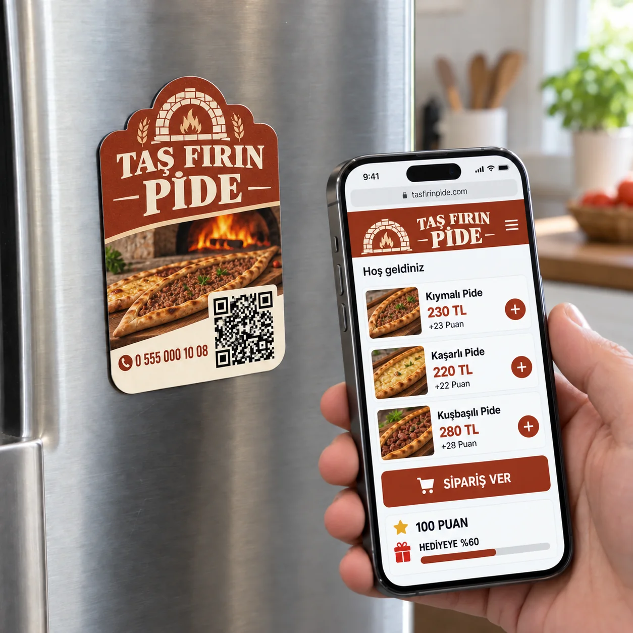Taş Fırın Pide QR kodlu sadakat magneti ve iPhone sipariş menüsü