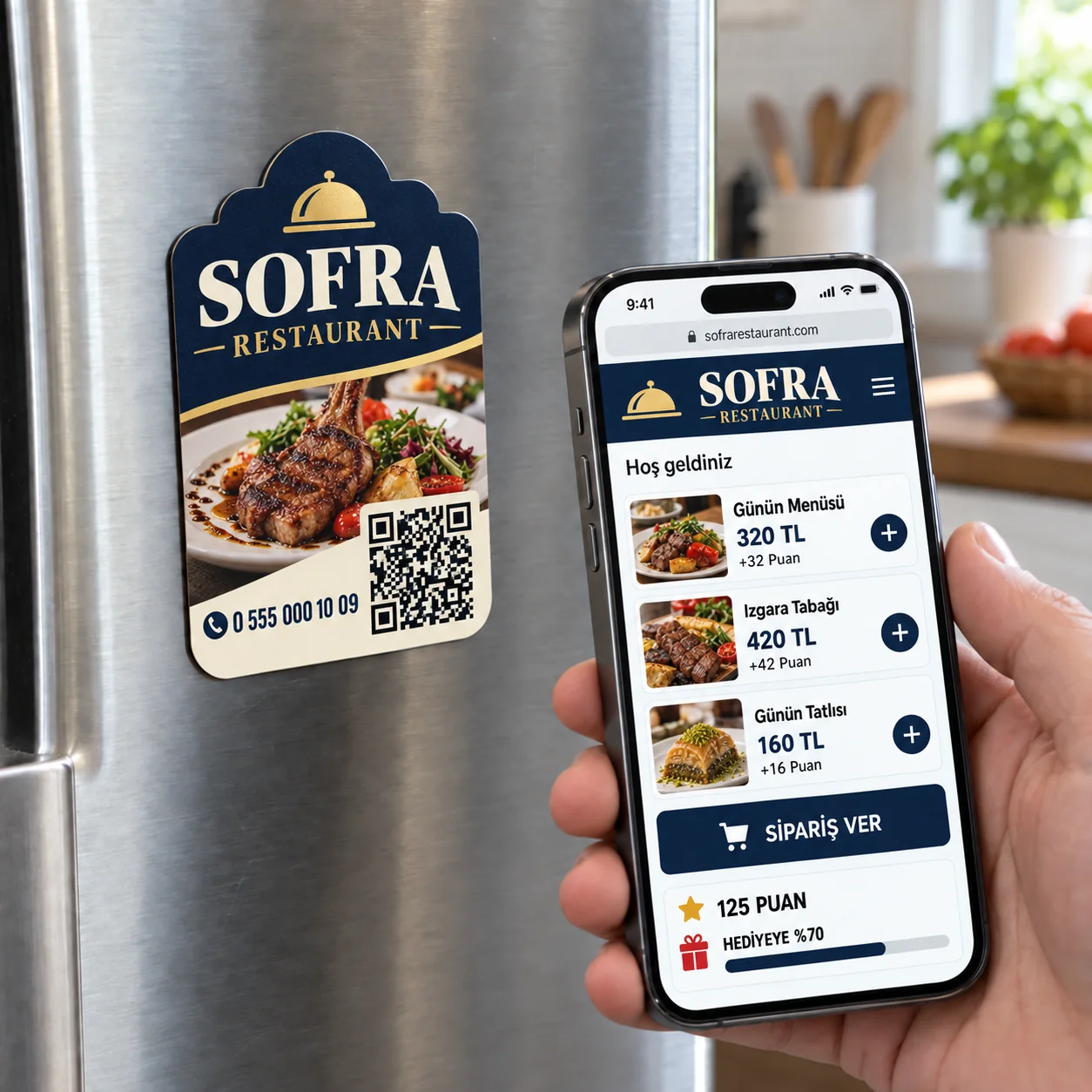 Sofra Restaurant QR kodlu sadakat magneti ve iPhone sipariş menüsü
