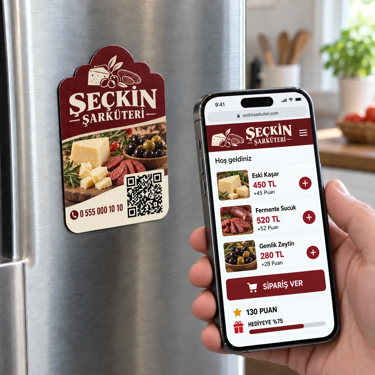 Seçkin Şarküteri QR kodlu sadakat magneti ve iPhone sipariş menüsü