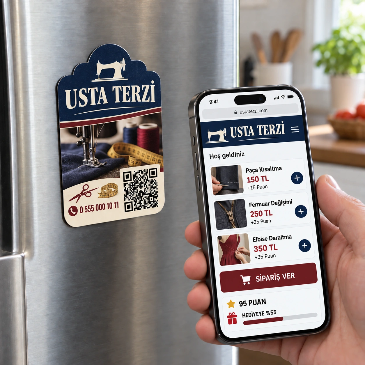 Usta Terzi QR kodlu sadakat magneti ve iPhone sipariş menüsü