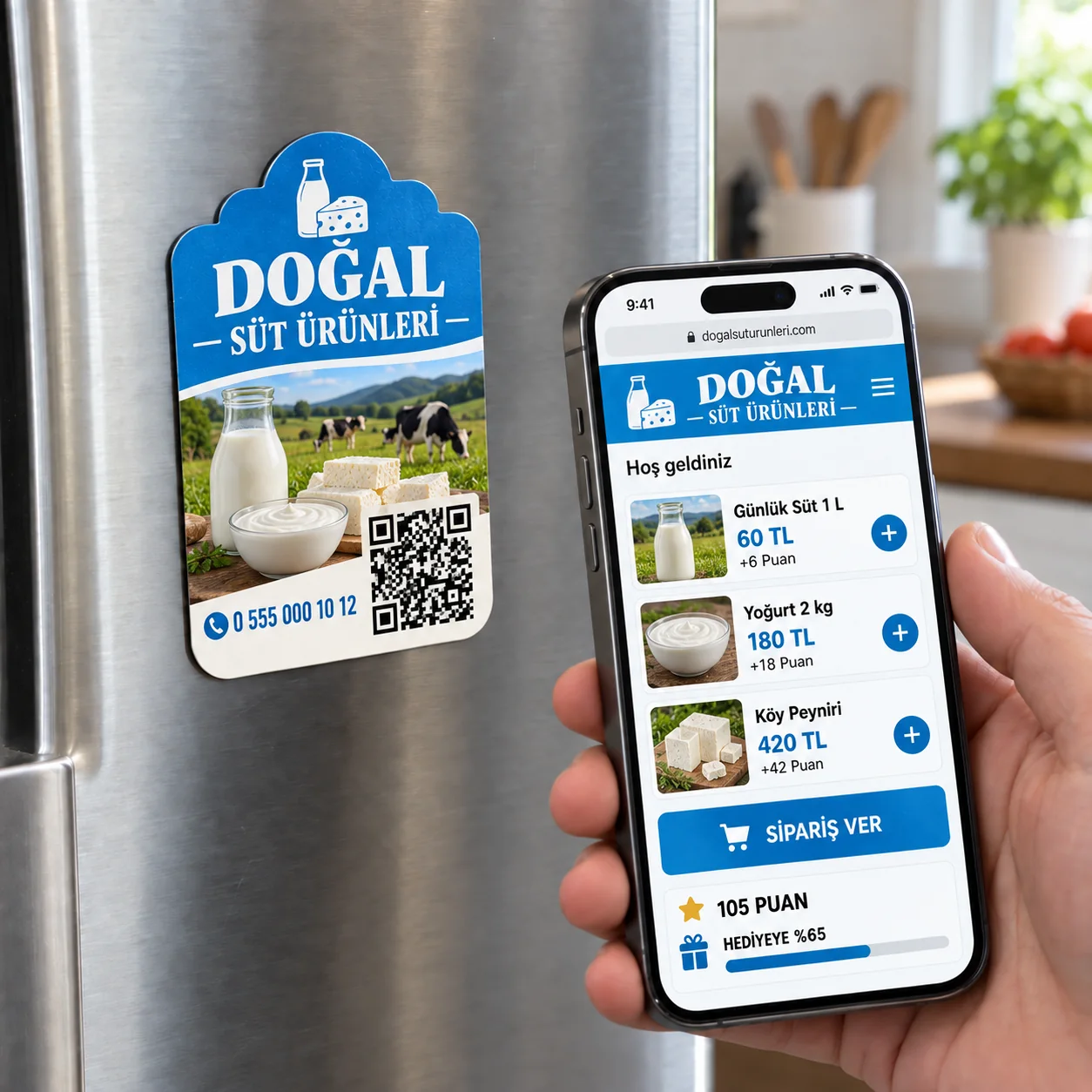Doğal Süt Ürünleri QR kodlu sadakat magneti ve iPhone sipariş menüsü