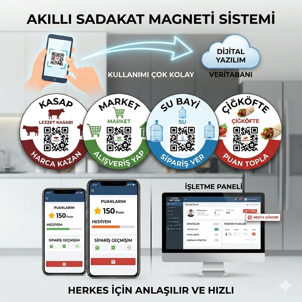 QR kodlu sadakat magneti sisteminin kullanım ve ödül senaryosu