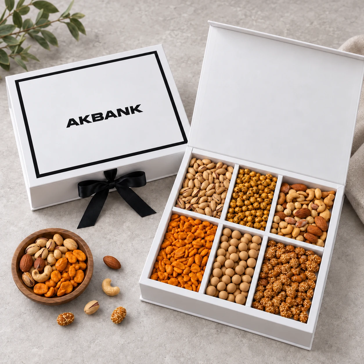 Akbank yazılı kurumsal sağlıklı atıştırmalık hediye seti
