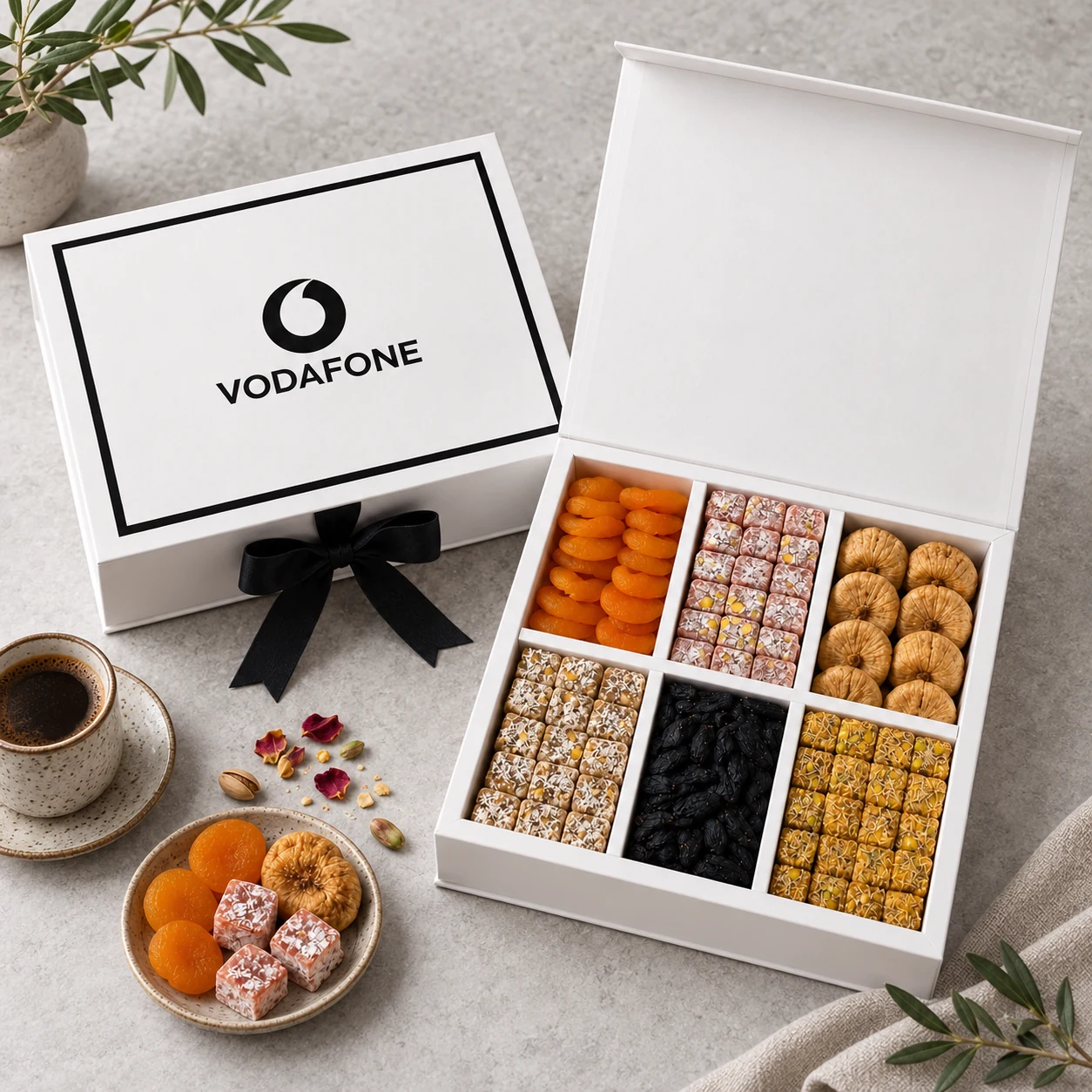 Vodafone logolu kurumsal sağlıklı atıştırmalık hediye seti