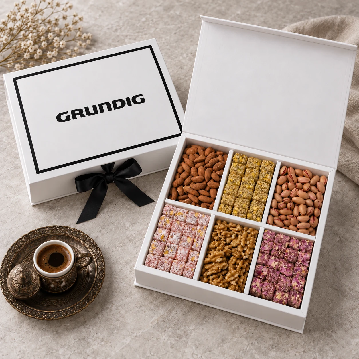 Grundig logolu kurumsal sağlıklı atıştırmalık hediye seti