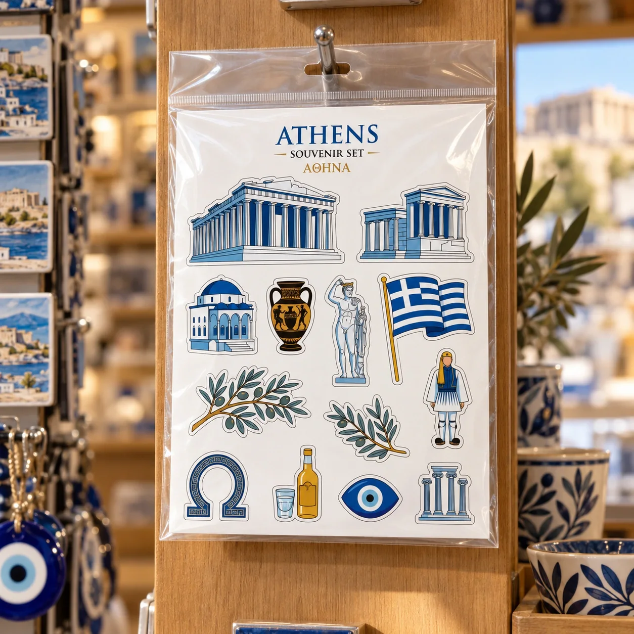 Atina şehir temalı turistik magnet seti OPP poşetli mağaza sunumu