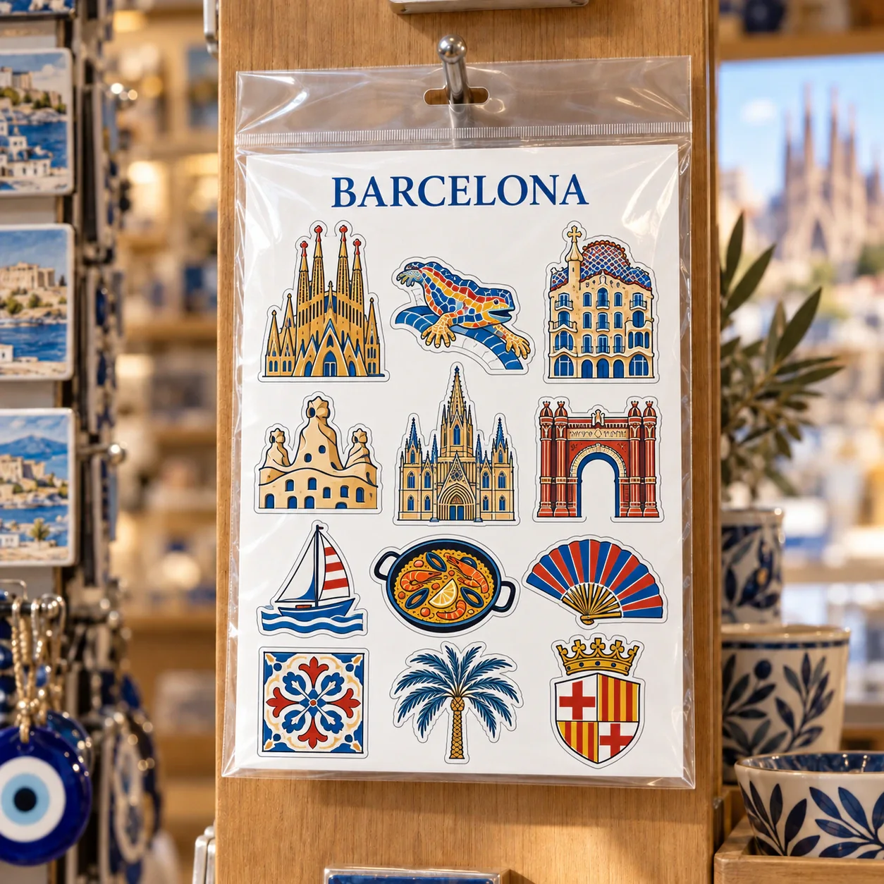 Barcelona şehir temalı turistik magnet seti OPP poşetli mağaza sunumu