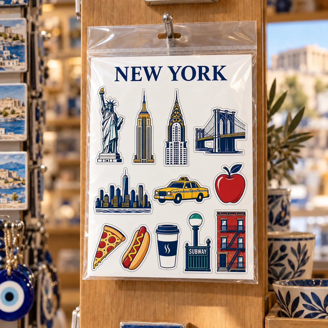 New York şehir temalı turistik magnet seti OPP poşetli mağaza sunumu