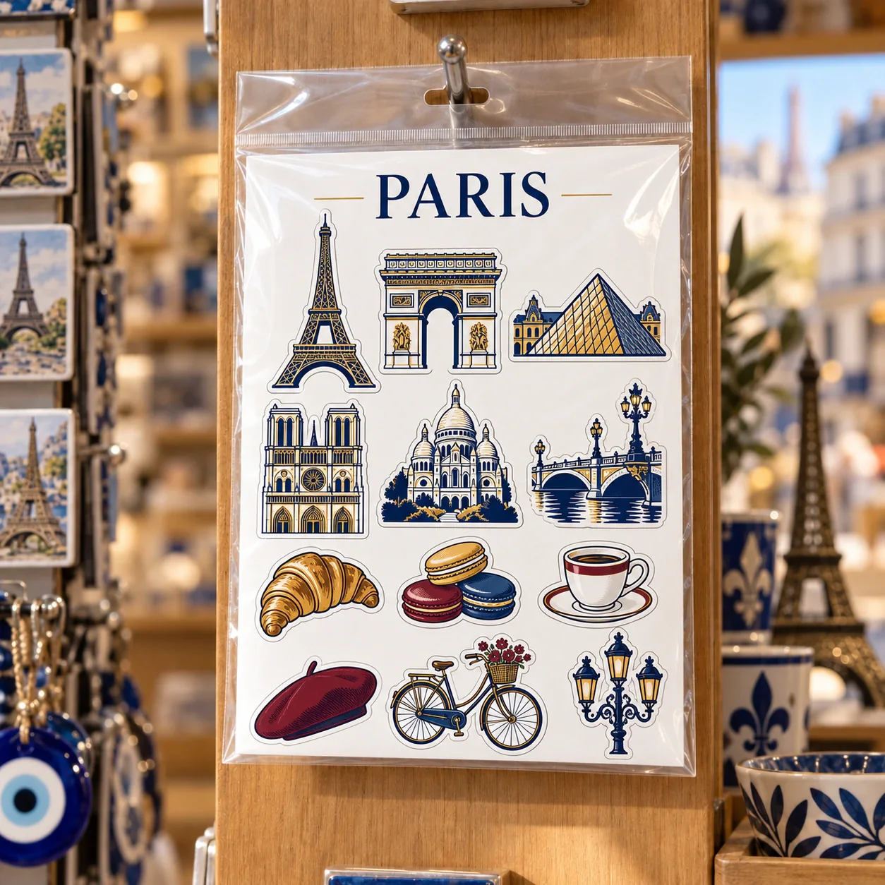 Paris şehir temalı turistik magnet seti OPP poşetli mağaza sunumu