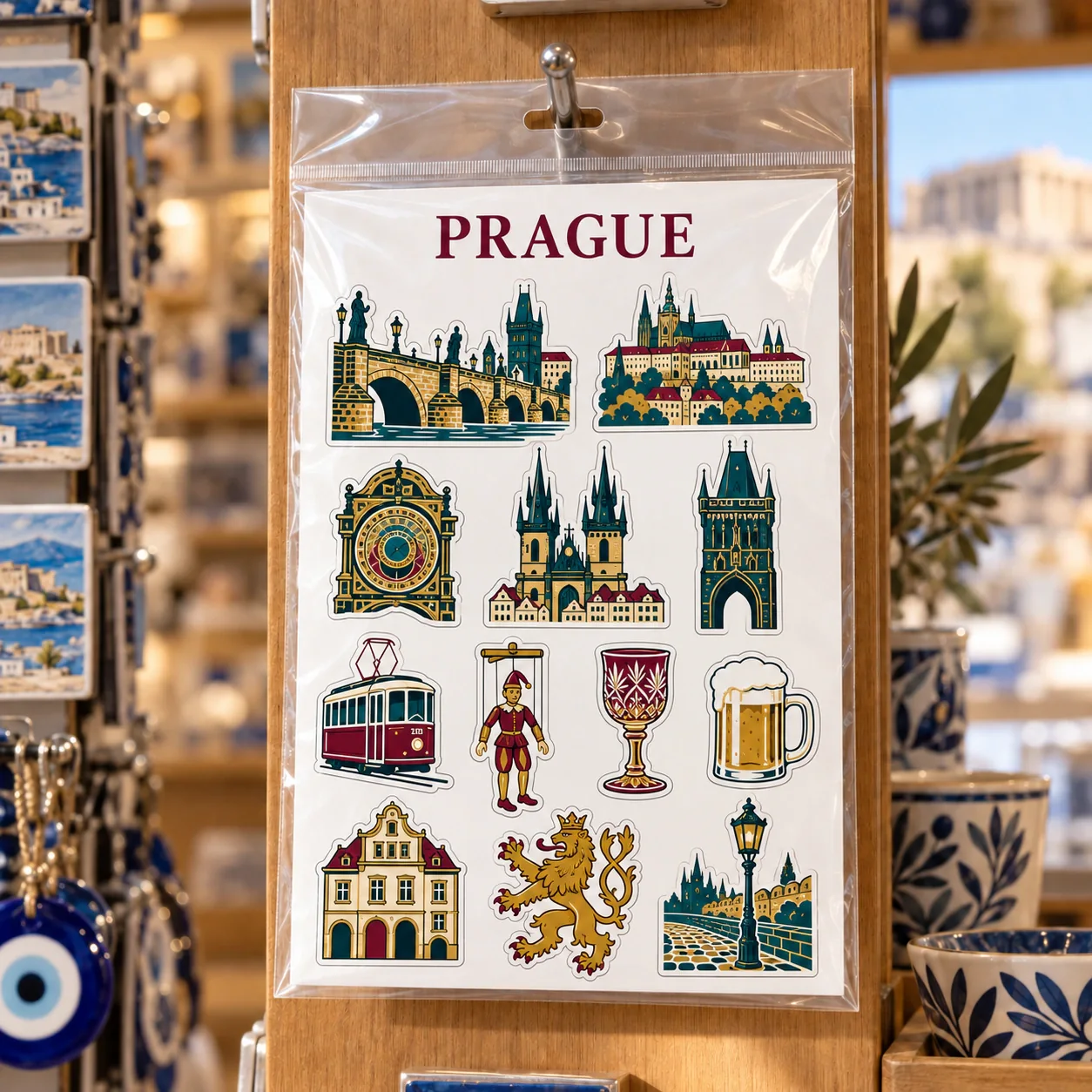 Prag şehir temalı turistik magnet seti OPP poşetli mağaza sunumu