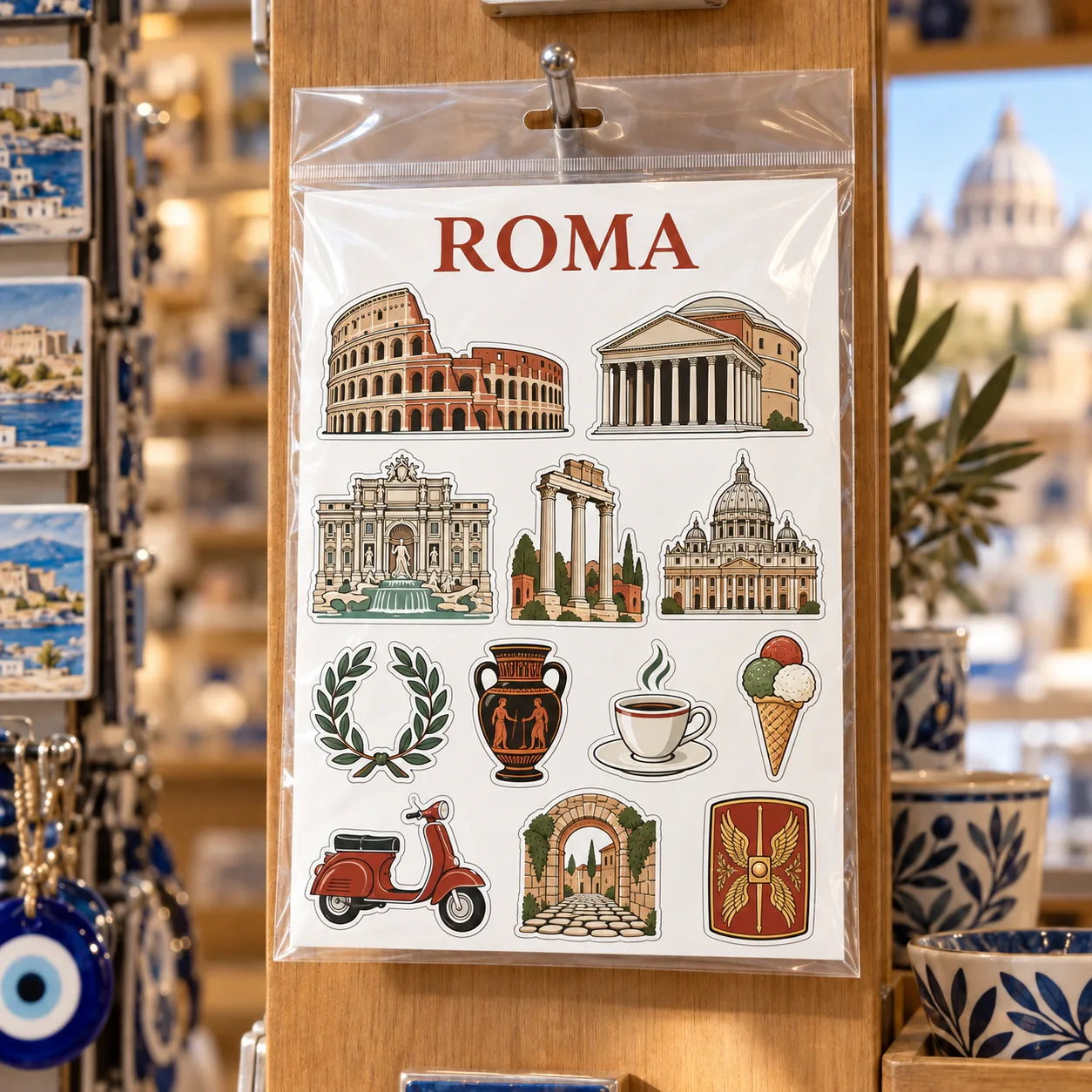 Roma şehir temalı turistik magnet seti OPP poşetli mağaza sunumu