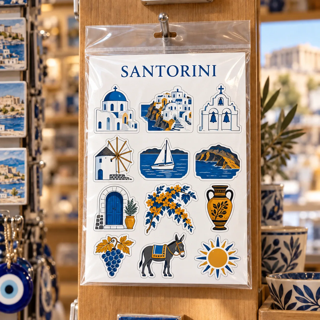 Santorini şehir temalı turistik magnet seti OPP poşetli mağaza sunumu