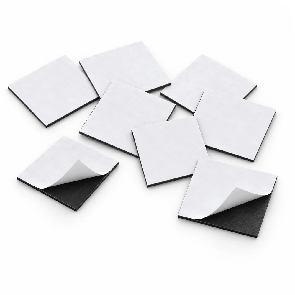 3 x 3 cm ebatlarında 0,500 mikron kendiliğinden yapışkanlı kesilmiş siyah magnet parçaları