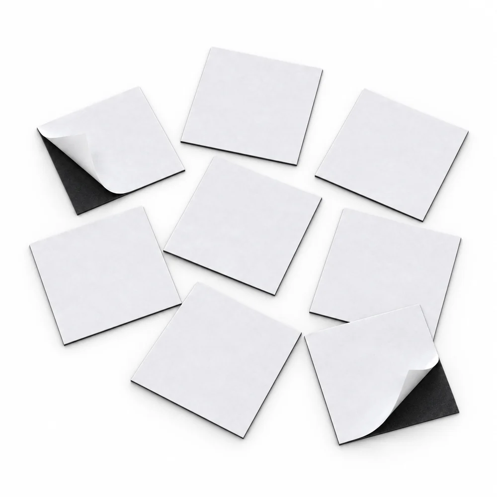 4 x 4 cm ebatlarında 0,500 mikron kendiliğinden yapışkanlı kesilmiş siyah magnet parçaları