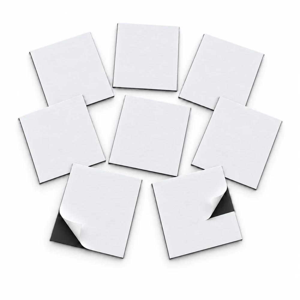 5 x 5 cm ebatlarında 0,500 mikron kendiliğinden yapışkanlı kesilmiş siyah magnet parçaları