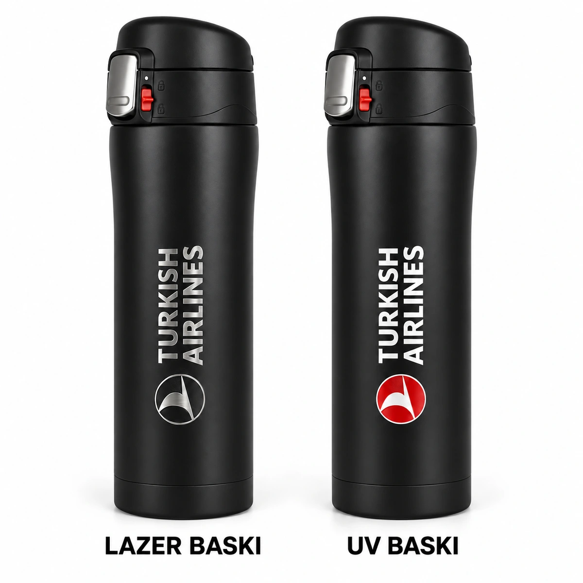 Siyah çelik termosta lazer kazıma ve renkli UV baskı karşılaştırması