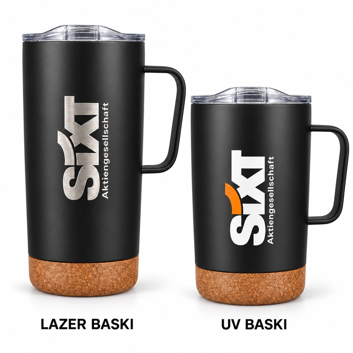 Kulplu siyah çelik termosta lazer kazıma ve renkli UV baskı karşılaştırması