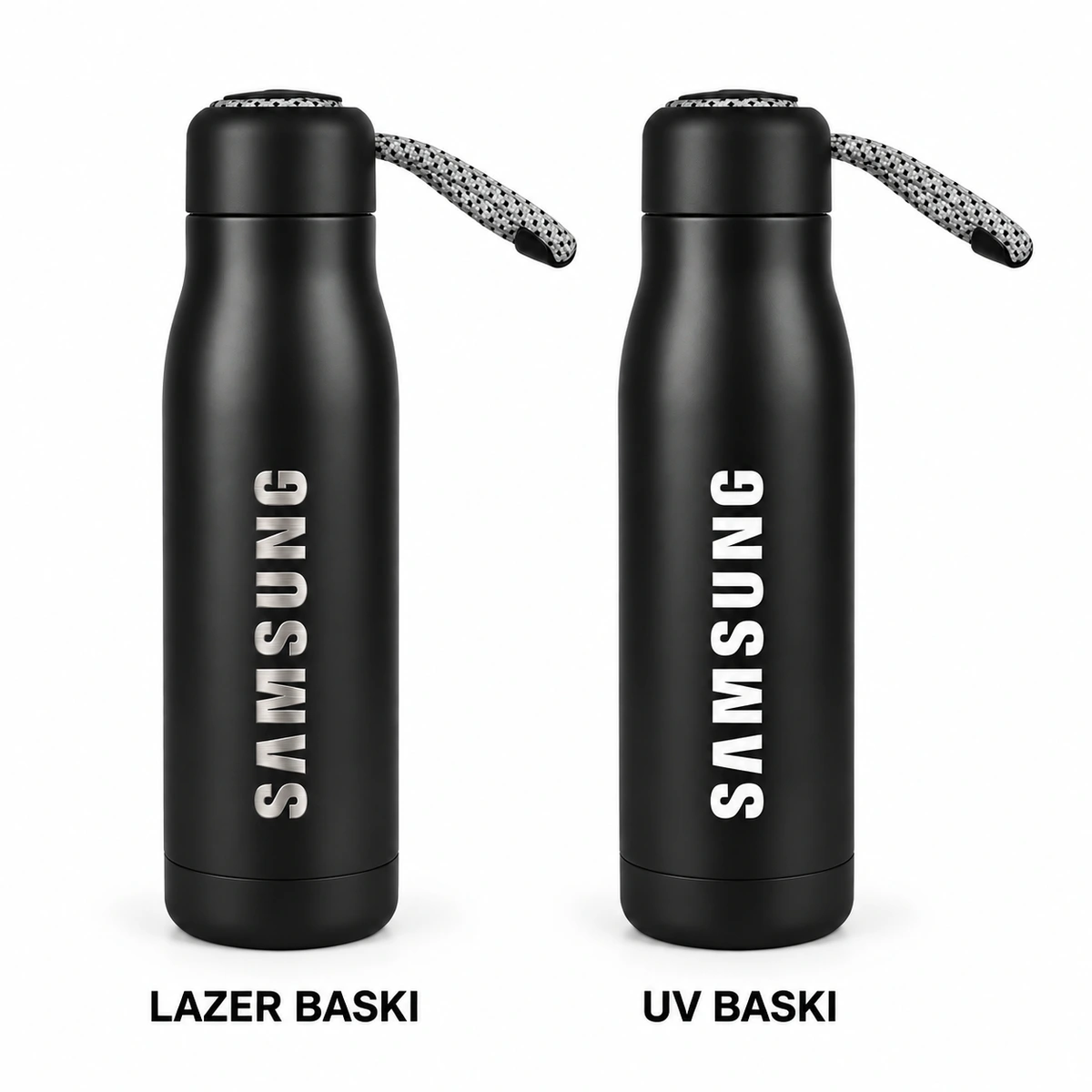 Askılı siyah çelik matarada lazer kazıma ve beyaz UV baskı karşılaştırması