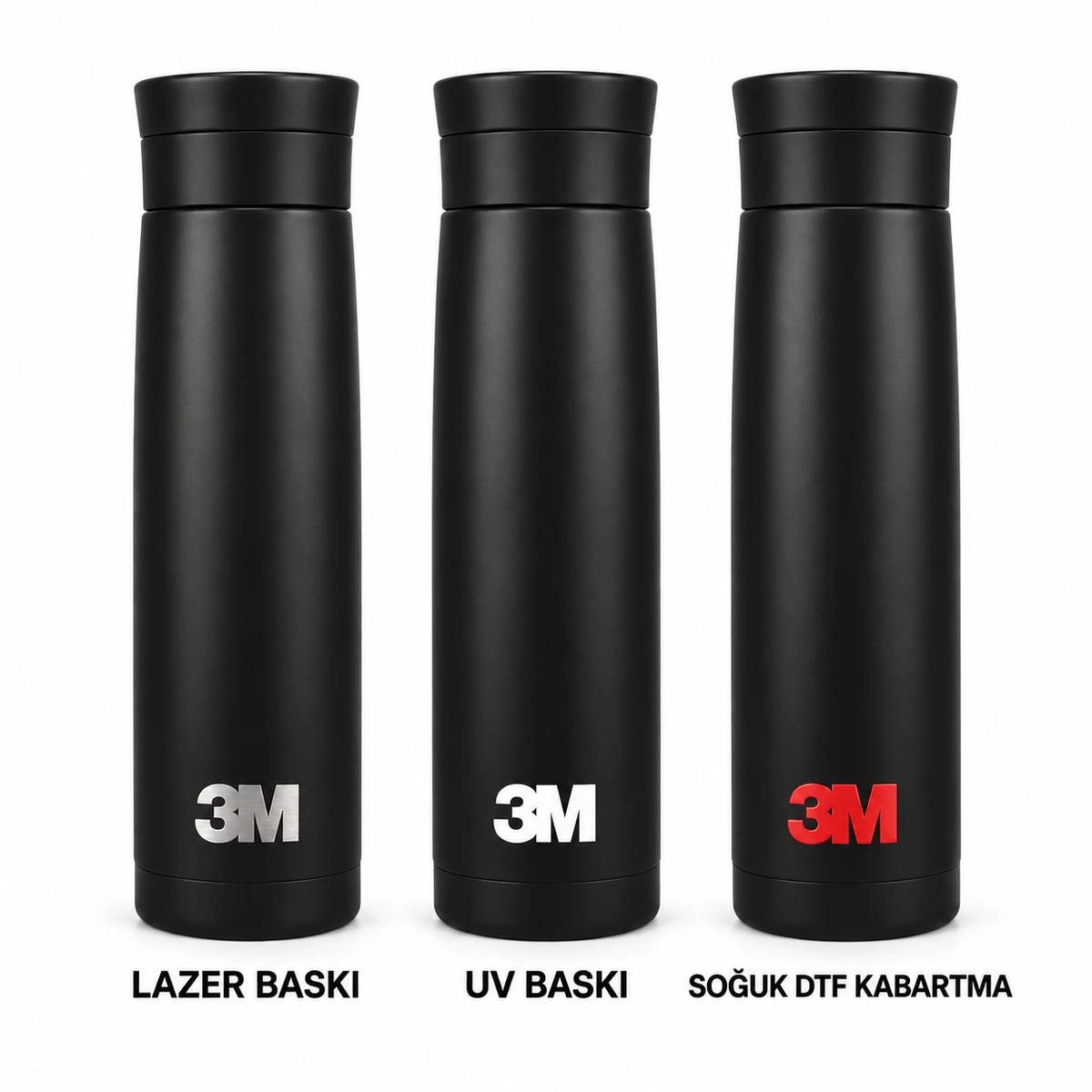 Siyah çelik termosta 3M logosu ile lazer kazıma, beyaz UV baskı ve kırmızı kabartmalı soğuk DTF baskı karşılaştırması